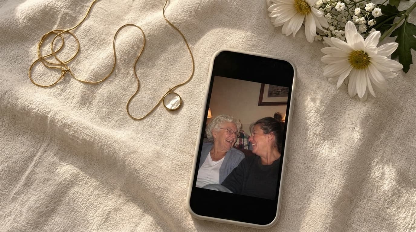 A phone showing a photo of a grandmother and her daughter laughing, beside a locket necklace