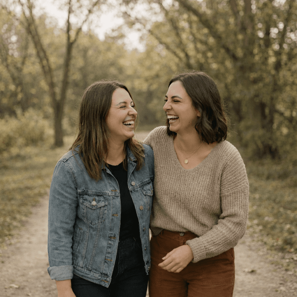 Two friends laughing together, one wearing a Memoura pendant