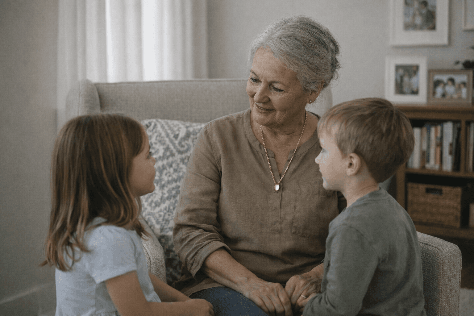 A grandmother with her grandchildren, wearing a Memoura pendant