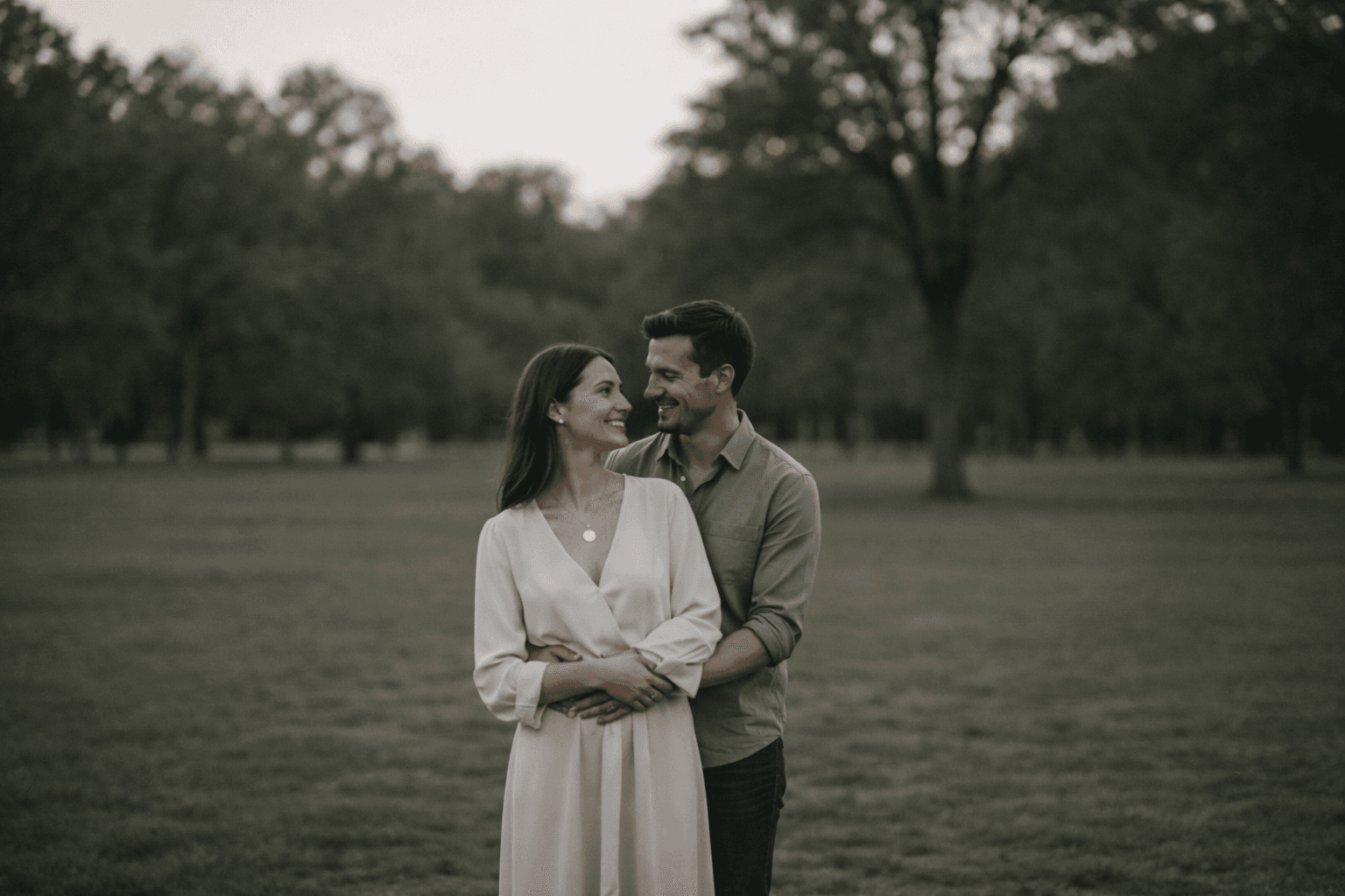 A couple together in a park, the woman wearing a Memoura pendant
