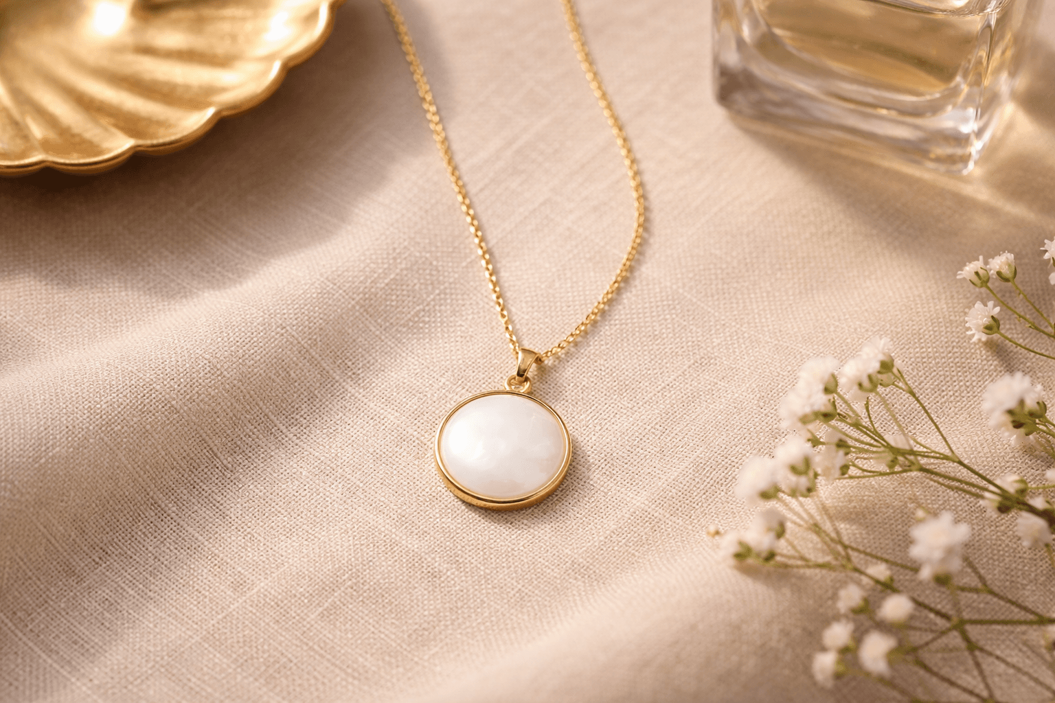 A Memoura gold pendant necklace on soft linen